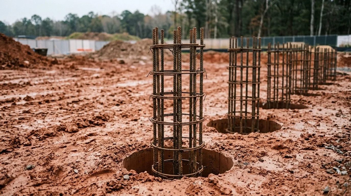 Armaduras de aço de estacas escavadas posicionadas em furos no solo vermelho