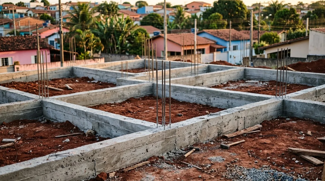 Vigas baldrame de concreto armado formando o contorno dos cômodos de uma casa térrea, com arranques de pilares