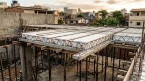 Tipos de laje: laje treliçada pré-moldada com blocos de EPS e escoras metálicas em obra residencial