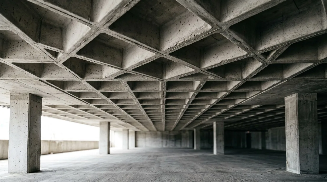Tipos de laje: laje nervurada de concreto aparente vista de baixo em garagem com pilares