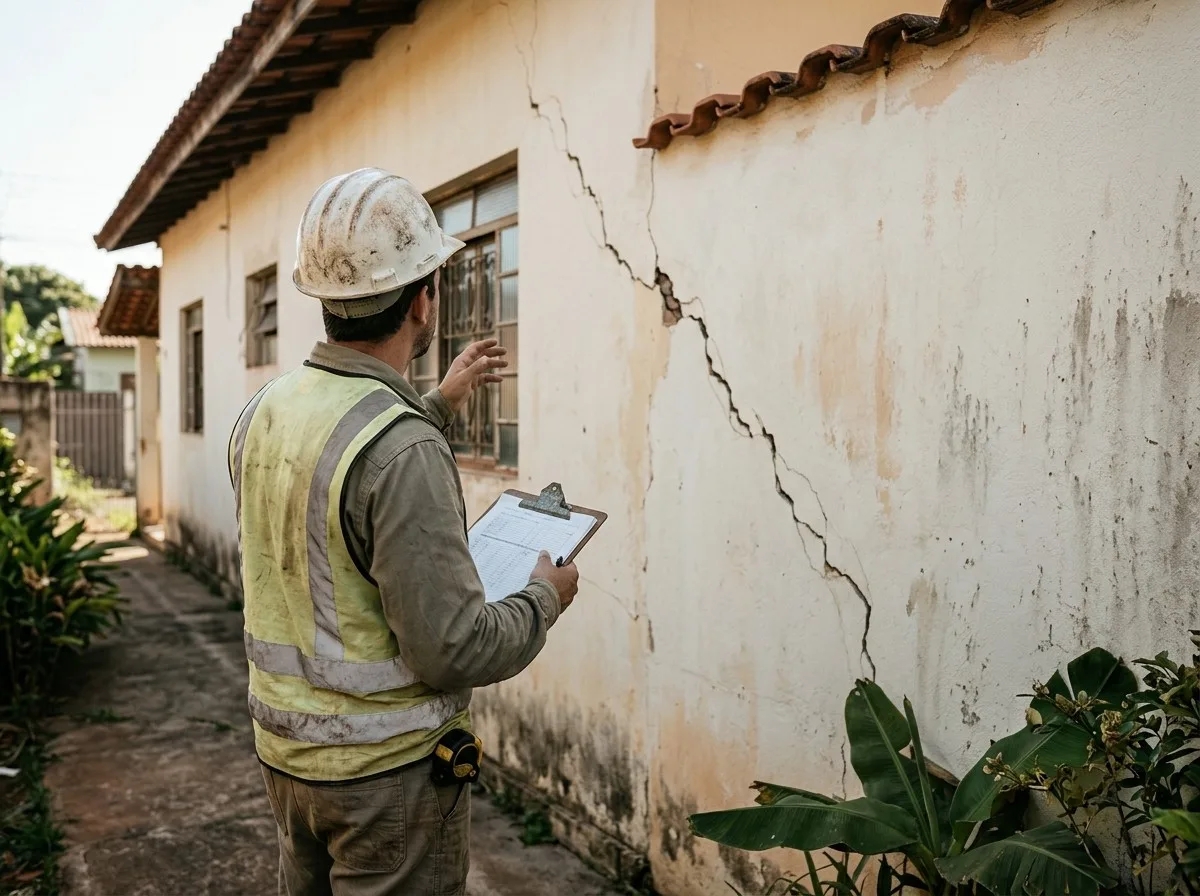 Engenheiro civil de costas inspecionando trinca na parede externa de uma casa em Londrina