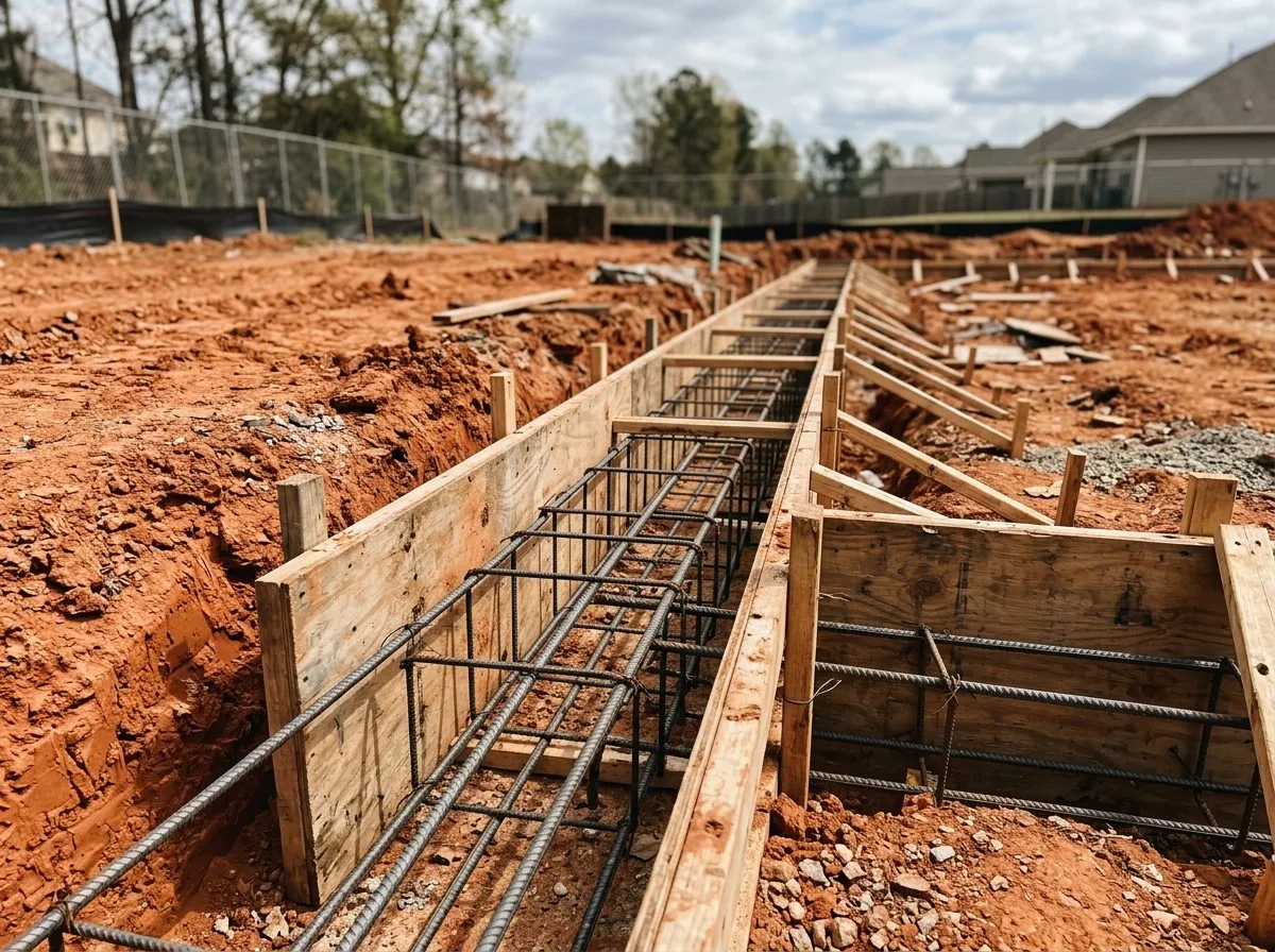 Vala de fundação em solo argiloso vermelho com ferragem de baldrame em obra residencial