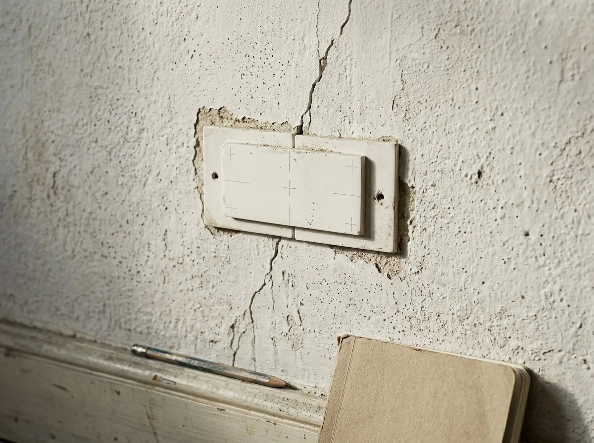 Selo de gesso aplicado sobre trinca na parede para monitorar o movimento