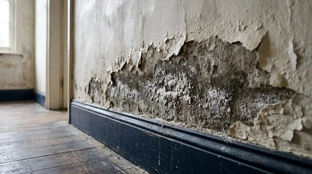 Umidade na parede: mofo e tinta descascando rente ao rodapé de uma casa antiga