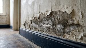 Umidade na parede: mofo e tinta descascando rente ao rodapé de uma casa antiga