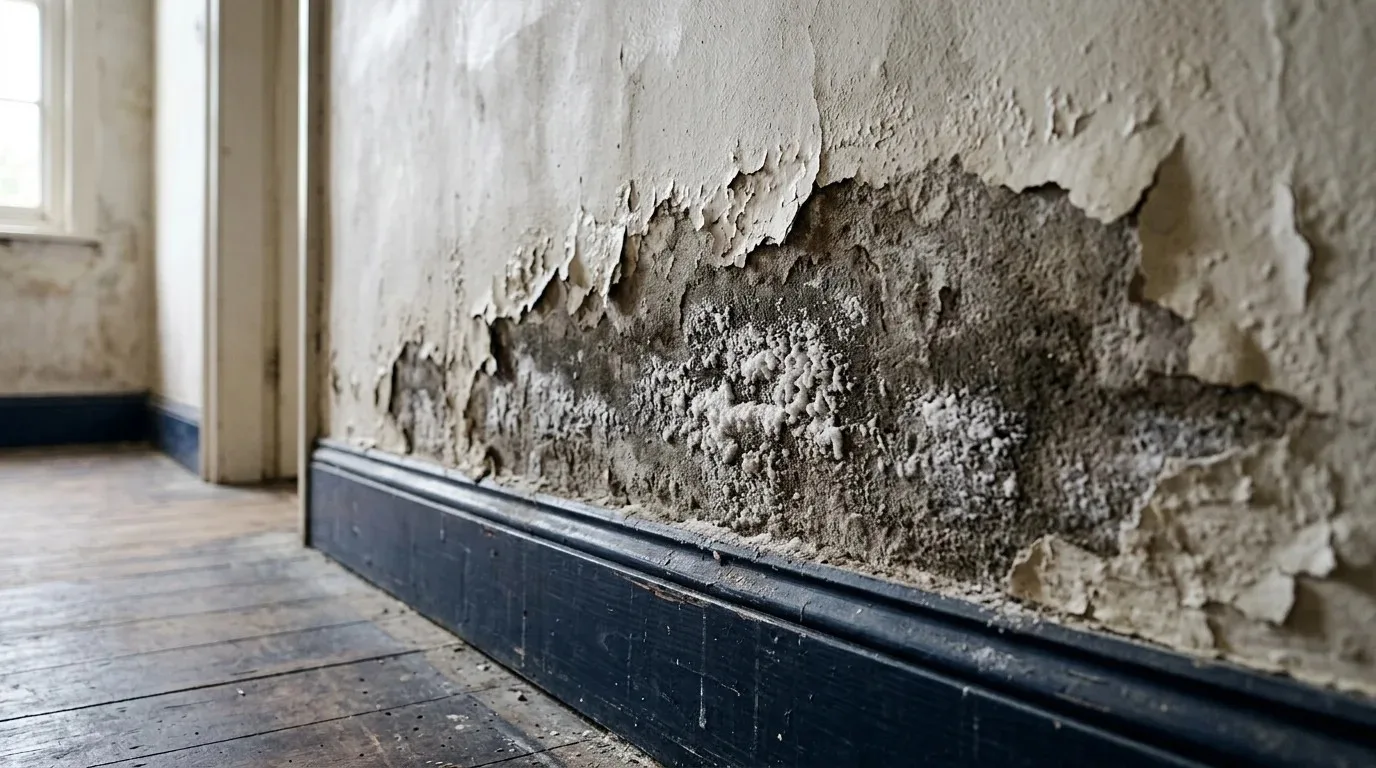 Umidade na parede: mofo e tinta descascando rente ao rodapé de uma casa antiga